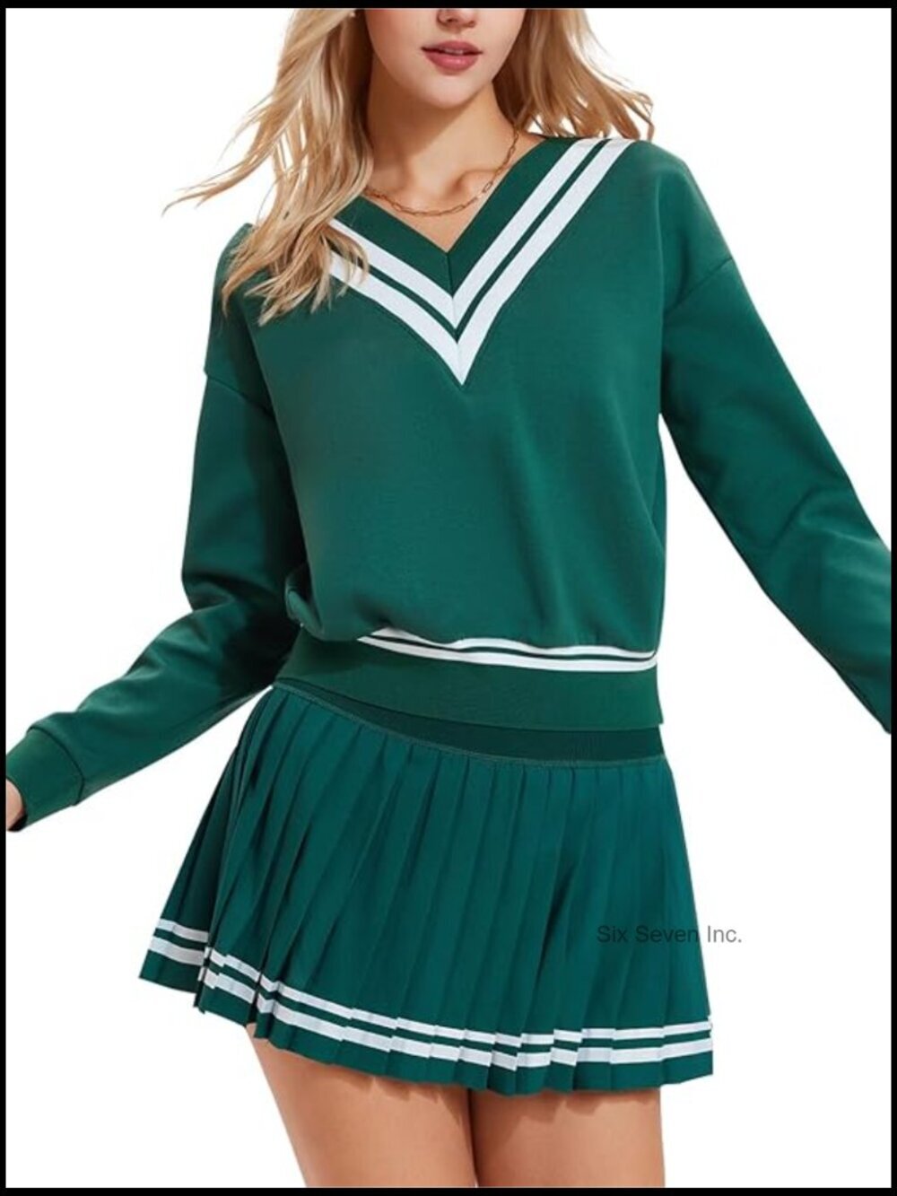 2 Piece Tennis Skirt Set V-Neck Long Sleeve Sweatshirt High Waisted Pleated